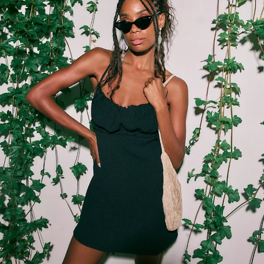 Free People Beach Vetrina Black Cozy Knit Ruched Strappy Open Back Mini Dress